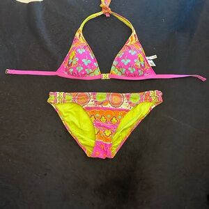 Trina Turk Abstract Multicolor Halter Bikini with Gold Hardware Size 10 Stunning